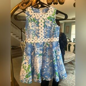 Lilly Pulitzer Girls Idala Dress Size 6 Blue Green Floral Circle Trim Fit Flare